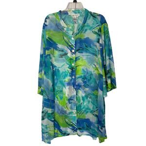 Ulla Popken Button Up Tunic Womens 24 /26 Blue Flowy Sheer Cover Up Cruise